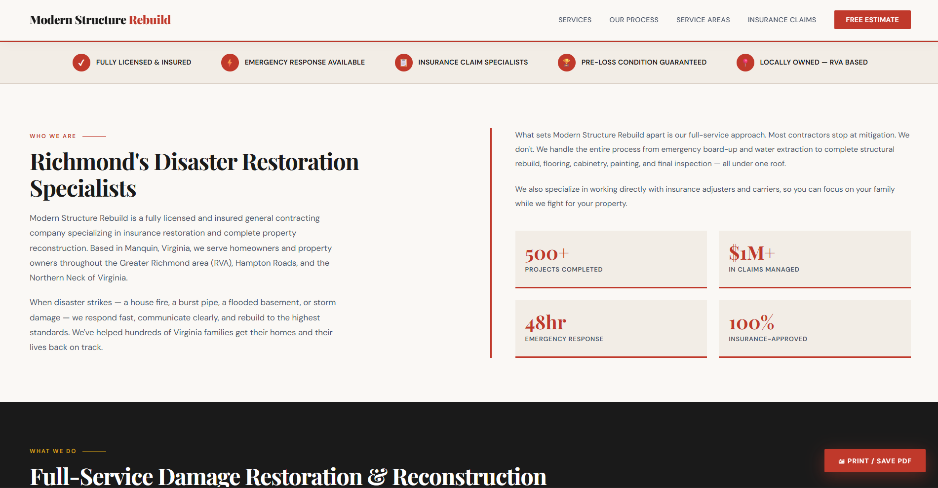 Restoration contractor website service page sample